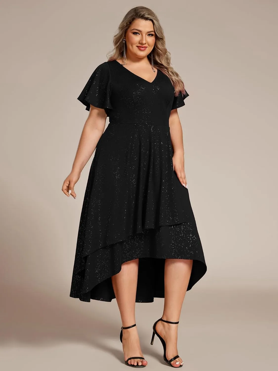 Ever-Pretty Plus Women's Short Sleeves V Neck Glitter Plus Size High Low Wedding Guest Dresses 71926-DA