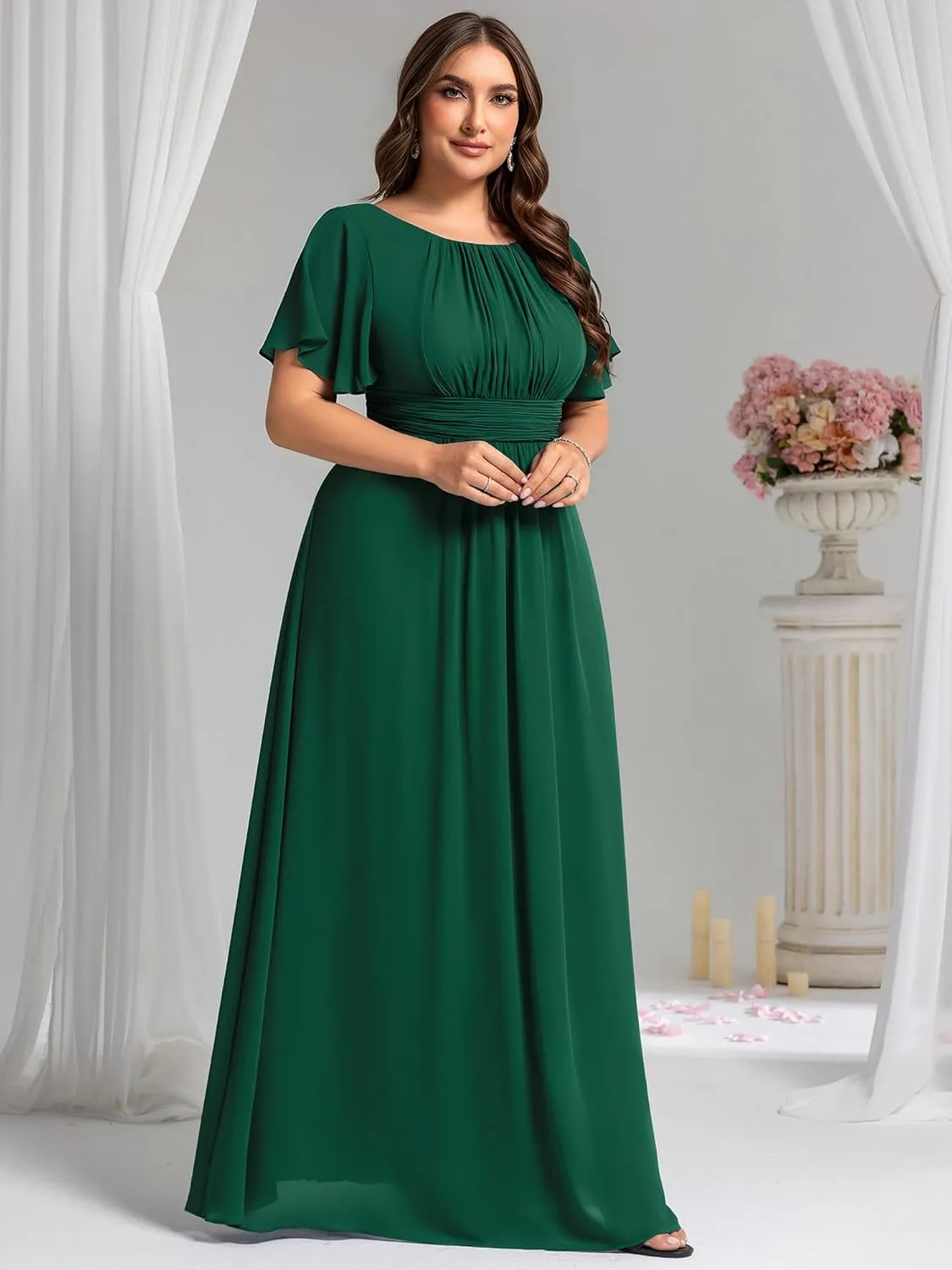 Ever-Pretty Plus Women's Summer Round Neck A Line Pleated Chiffon Short Sleeves Plus Size Formal Gowns Bridesmaid Dresses