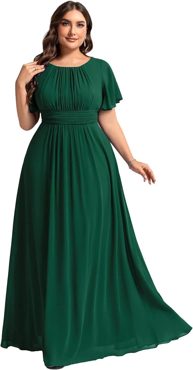 Ever-Pretty Plus Women's Summer Round Neck A Line Pleated Chiffon Short Sleeves Plus Size Formal Gowns Bridesmaid Dresses