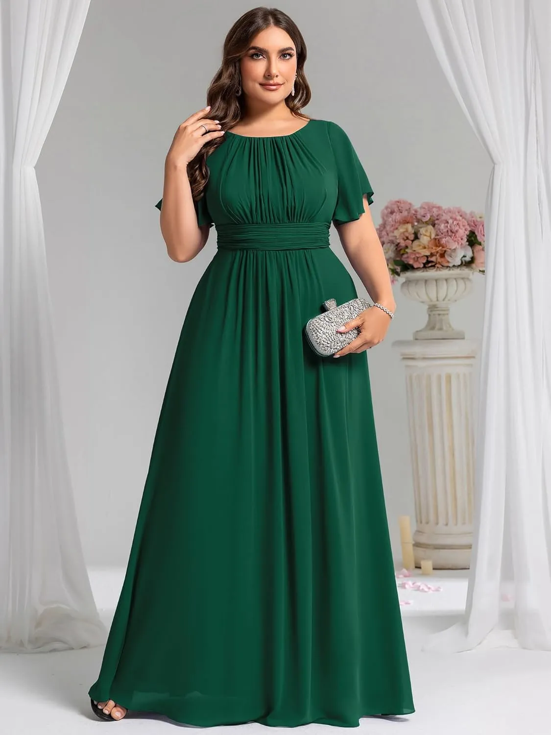 Ever-Pretty Plus Women's Summer Round Neck A Line Pleated Chiffon Short Sleeves Plus Size Formal Gowns Bridesmaid Dresses