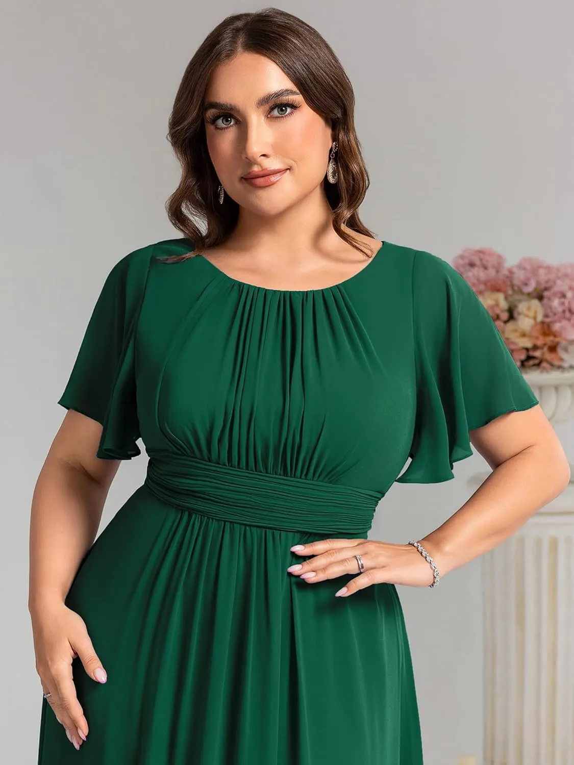 Ever-Pretty Plus Women's Summer Round Neck A Line Pleated Chiffon Short Sleeves Plus Size Formal Gowns Bridesmaid Dresses