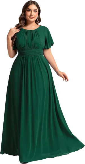Ever-Pretty Plus Women's Summer Round Neck A Line Pleated Chiffon Short Sleeves Plus Size Formal Gowns Bridesmaid Dresses