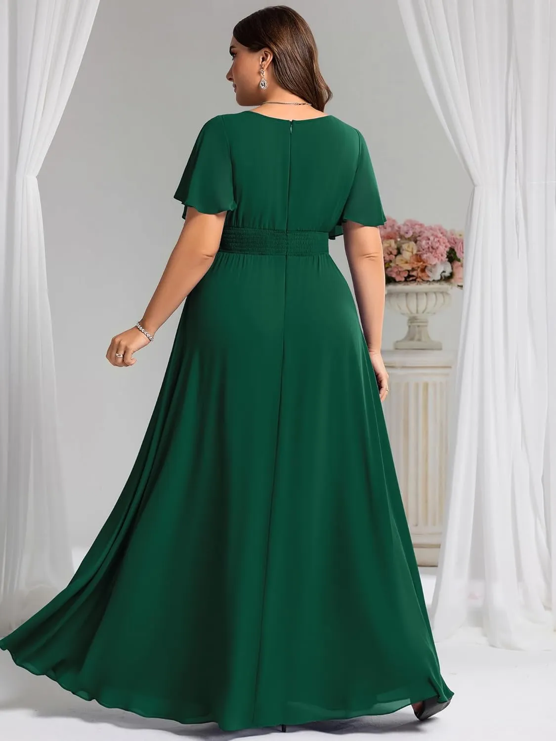 Ever-Pretty Plus Women's Summer Round Neck A Line Pleated Chiffon Short Sleeves Plus Size Formal Gowns Bridesmaid Dresses