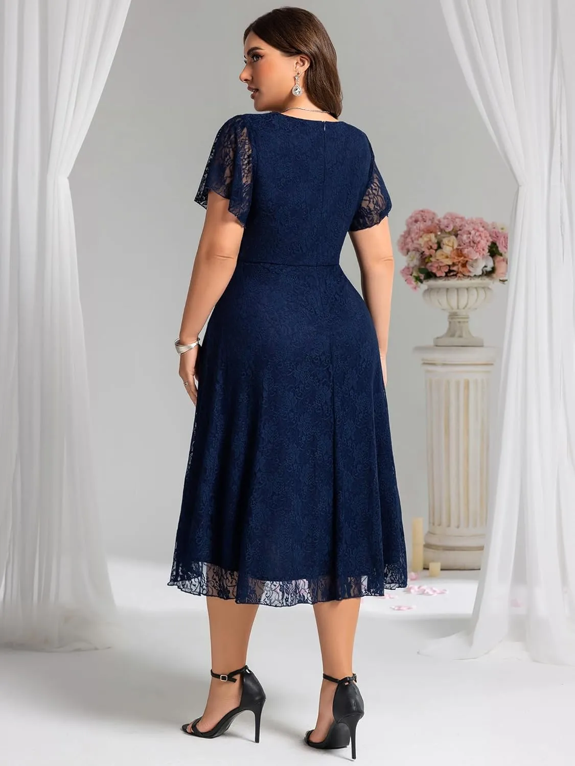 Ever-Pretty Plus Women's Summer V Neck Short Ruffles Sleeves Lace Midi Plus Size Cocktail Party Formal Dresses