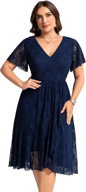 Ever-Pretty Plus Women's Summer V Neck Short Ruffles Sleeves Lace Midi Plus Size Cocktail Party Formal Dresses