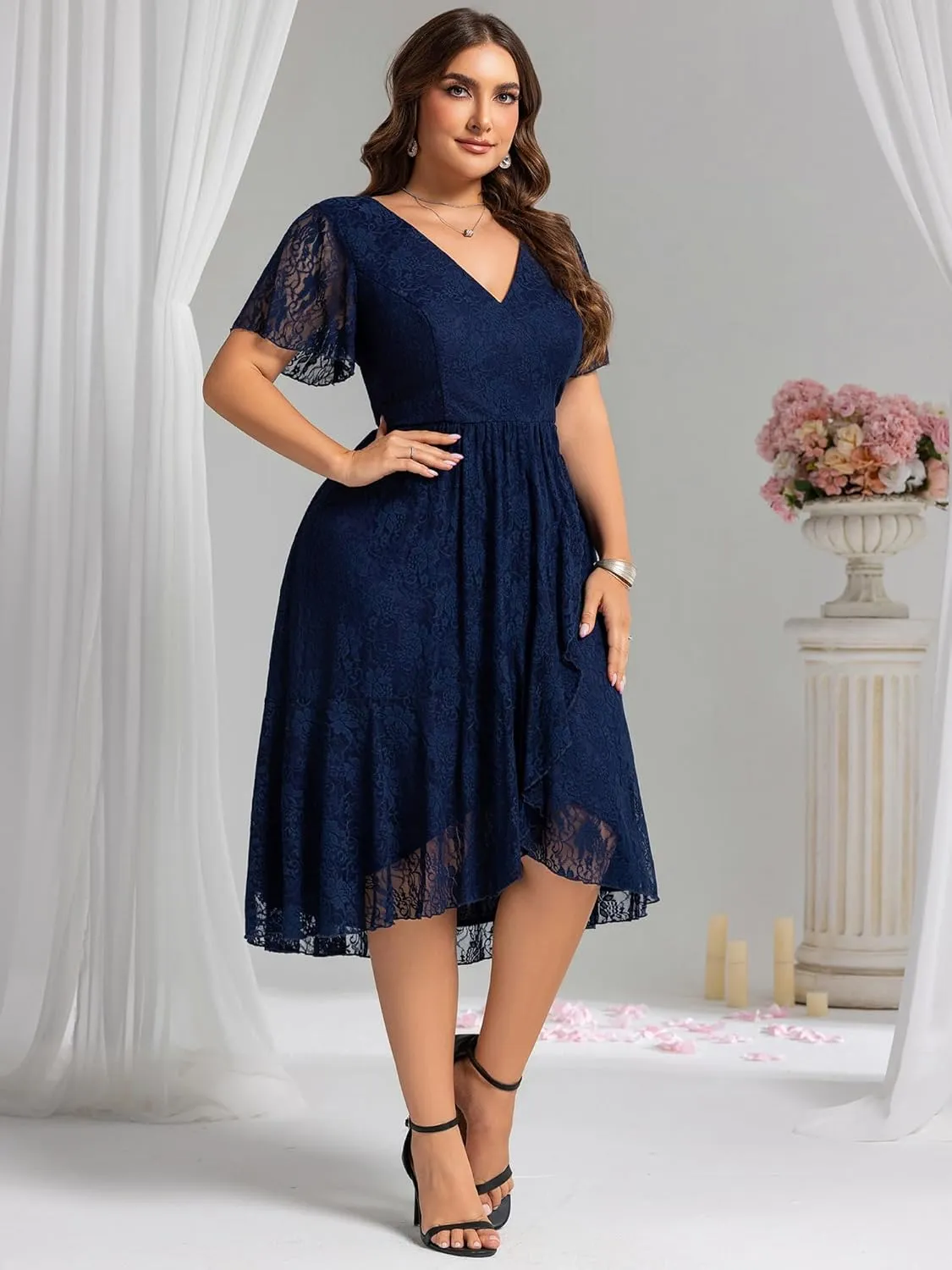 Ever-Pretty Plus Women's Summer V Neck Short Ruffles Sleeves Lace Midi Plus Size Cocktail Party Formal Dresses