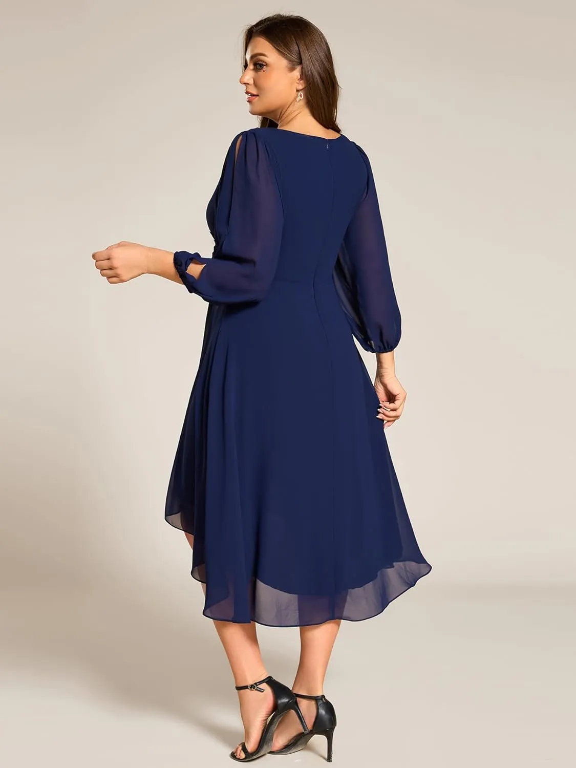 Ever-Pretty Plus Women's Trendy V Neck Hollow Out Long Sleeves Chiffon Applique Plus Size Midi Semi Formal Dresses 02926-DA