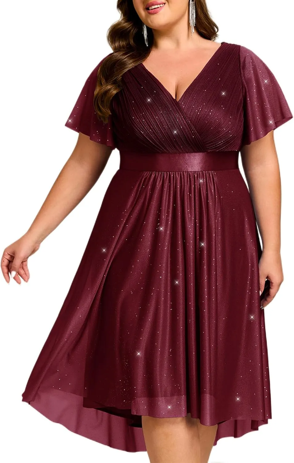 Ever-Pretty Plus Women's V Neck Pleated A Line Glitter High Low Plus Size Cocktail Wedding Guest Dresses with Sleeves