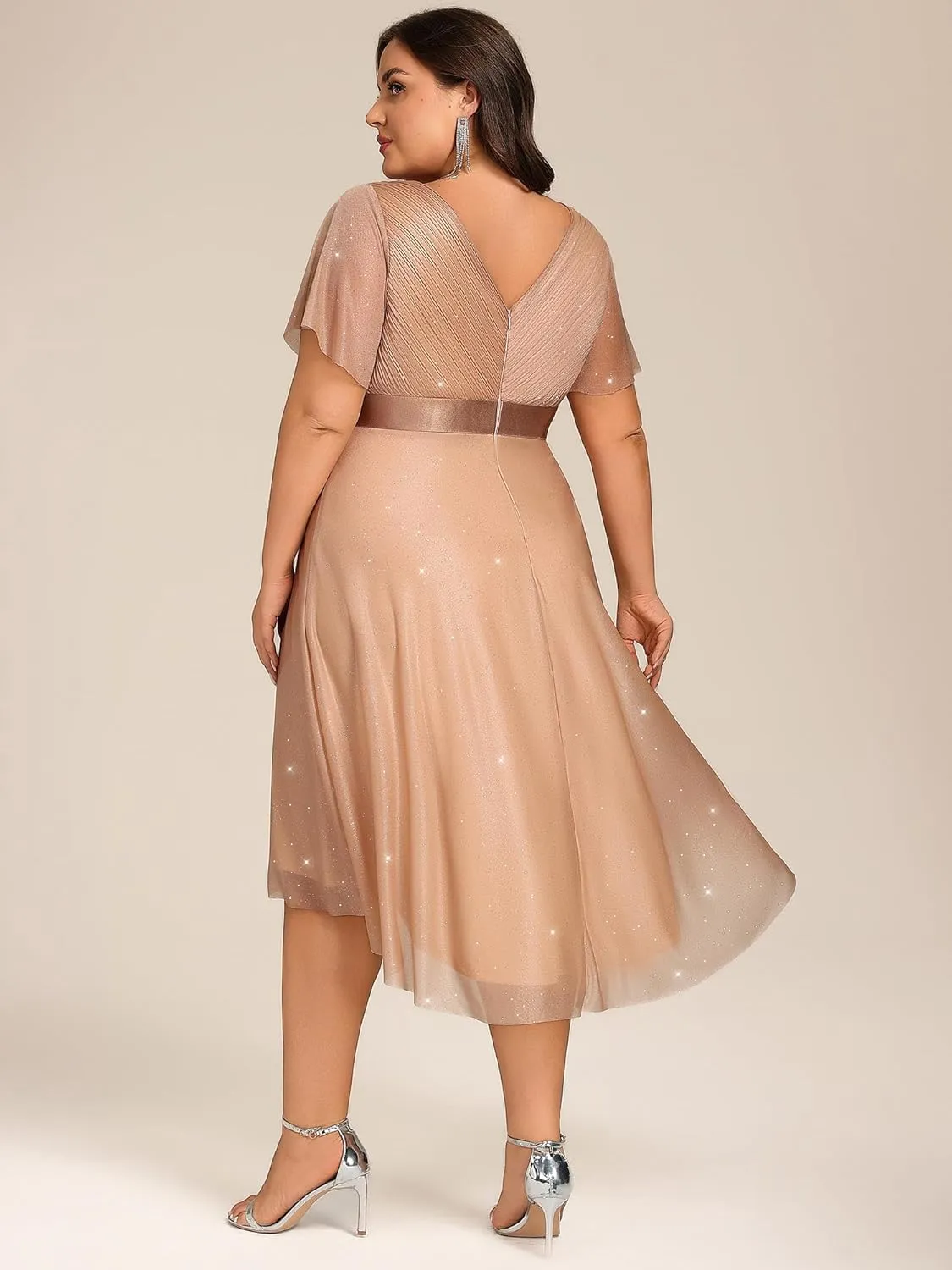 Ever-Pretty Plus Women's V Neck Pleated A Line Glitter High Low Plus Size Cocktail Wedding Guest Dresses with Sleeves