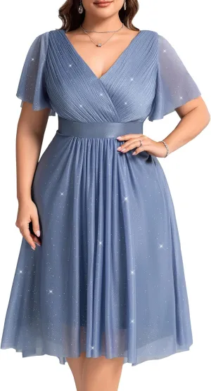 Ever-Pretty Plus Women's V Neck Pleated A Line Glitter High Low Plus Size Cocktail Wedding Guest Dresses with Sleeves