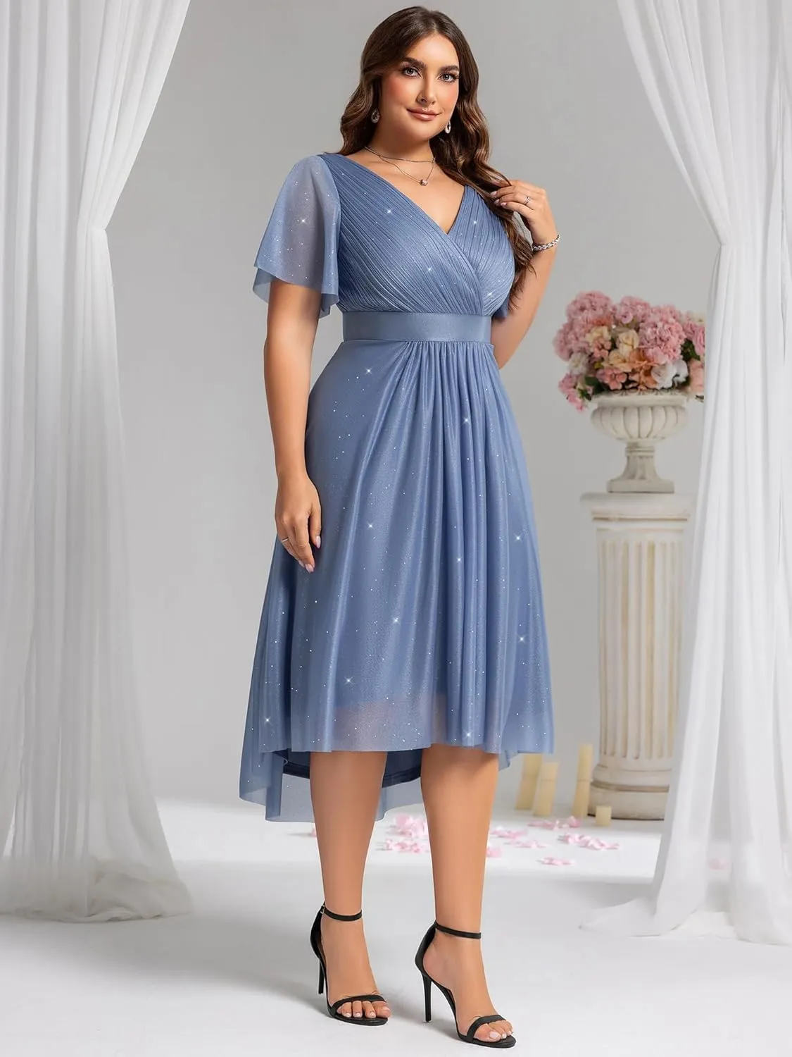 Ever-Pretty Plus Women's V Neck Pleated A Line Glitter High Low Plus Size Cocktail Wedding Guest Dresses with Sleeves