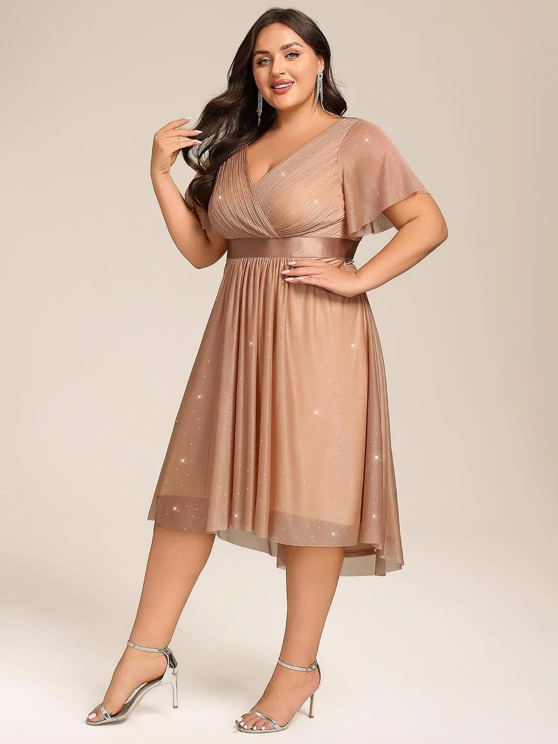 Ever-Pretty Plus Women's V Neck Pleated A Line Glitter High Low Plus Size Cocktail Wedding Guest Dresses with Sleeves