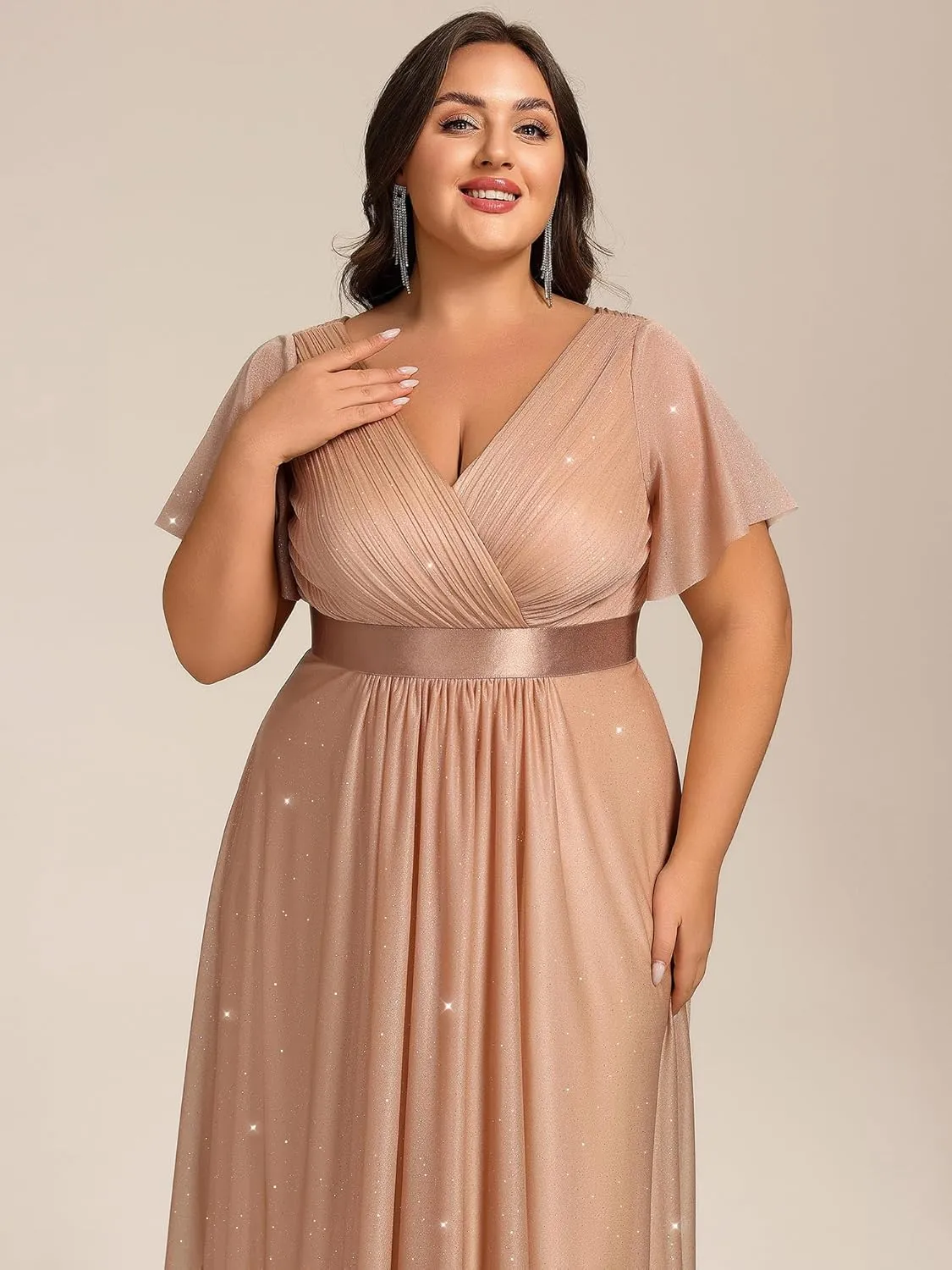 Ever-Pretty Plus Women's V Neck Pleated A Line Glitter High Low Plus Size Cocktail Wedding Guest Dresses with Sleeves