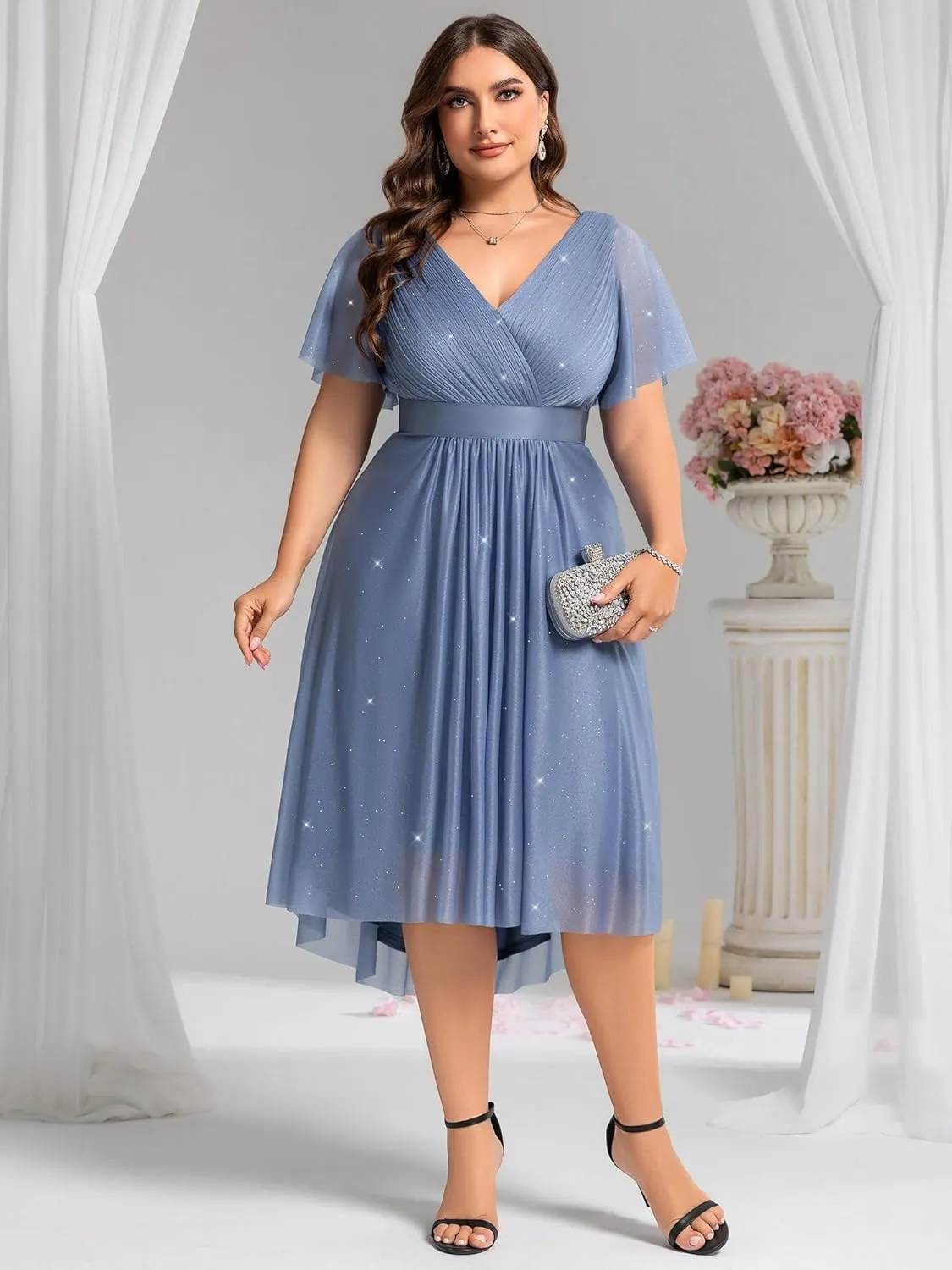 Ever-Pretty Plus Women's V Neck Pleated A Line Glitter High Low Plus Size Cocktail Wedding Guest Dresses with Sleeves
