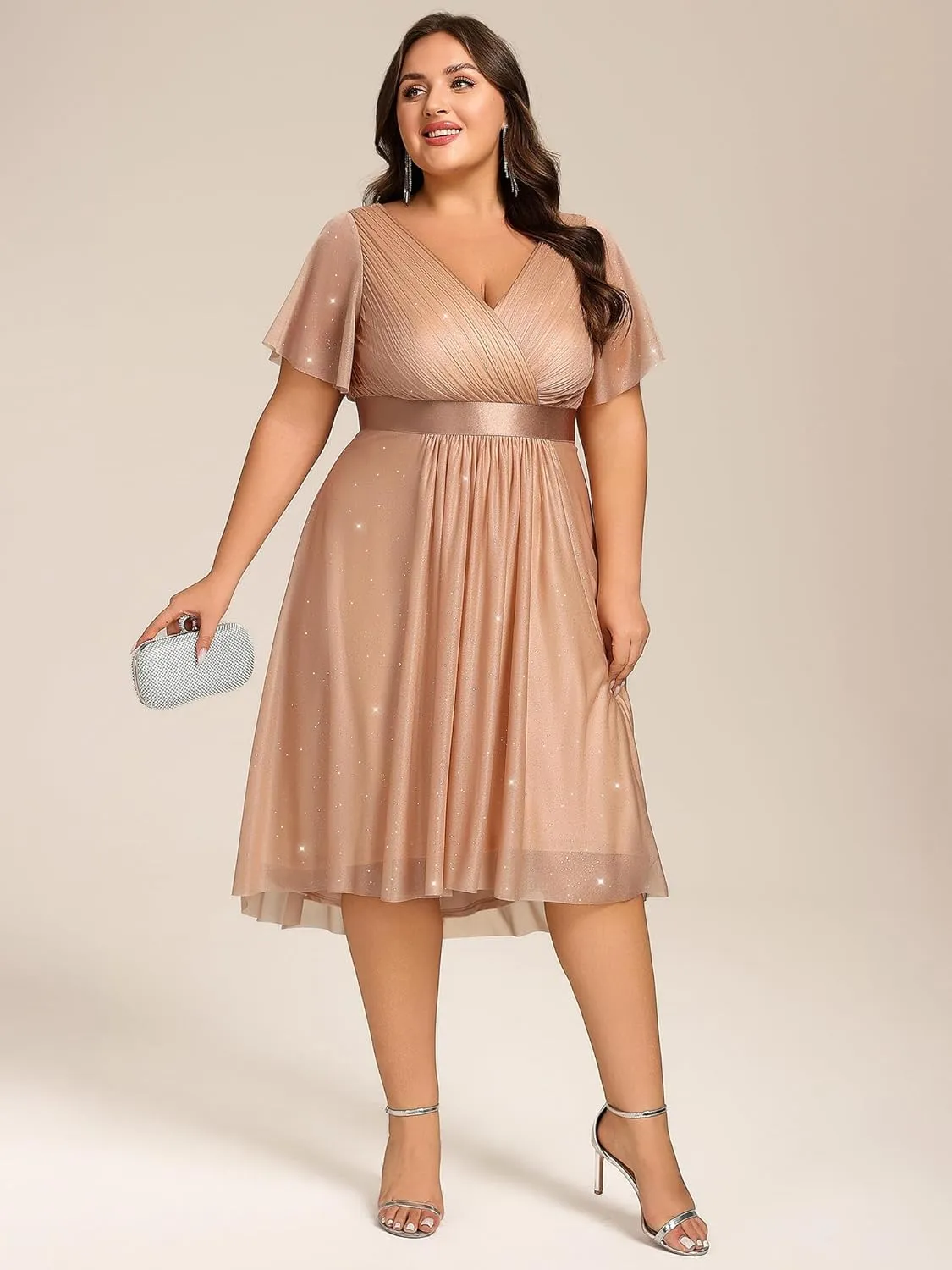 Ever-Pretty Plus Women's V Neck Pleated A Line Glitter High Low Plus Size Cocktail Wedding Guest Dresses with Sleeves