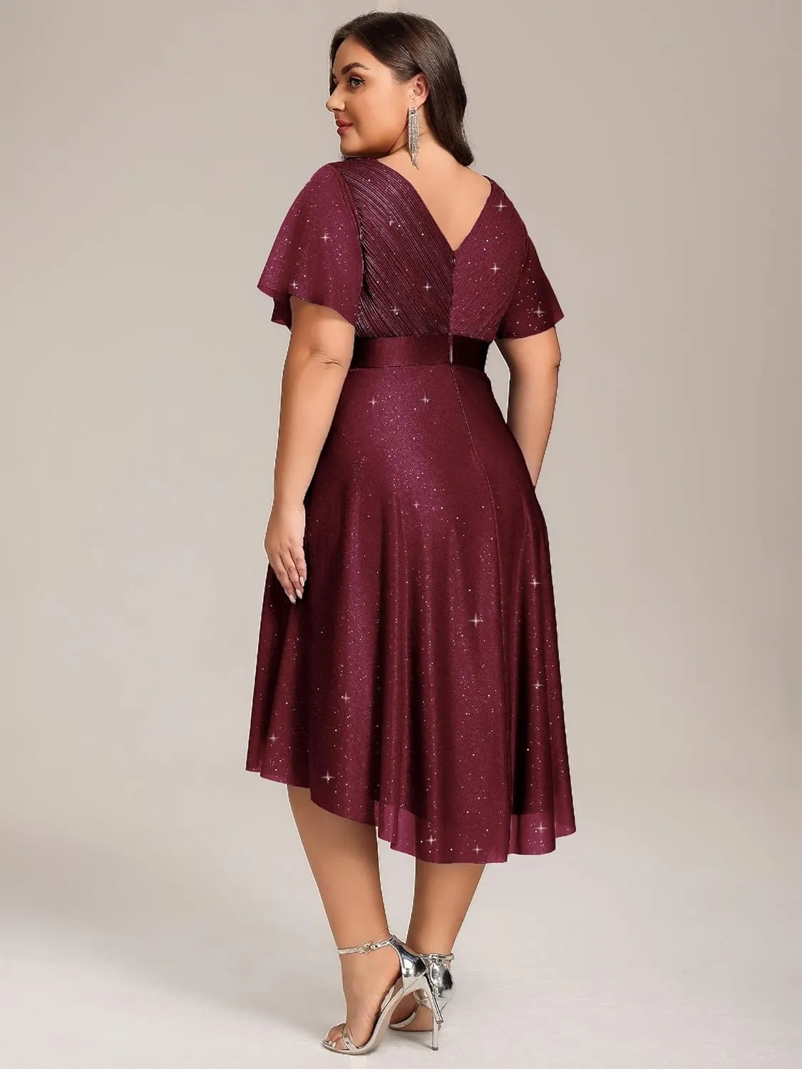Ever-Pretty Plus Women's V Neck Pleated A Line Glitter High Low Plus Size Cocktail Wedding Guest Dresses with Sleeves