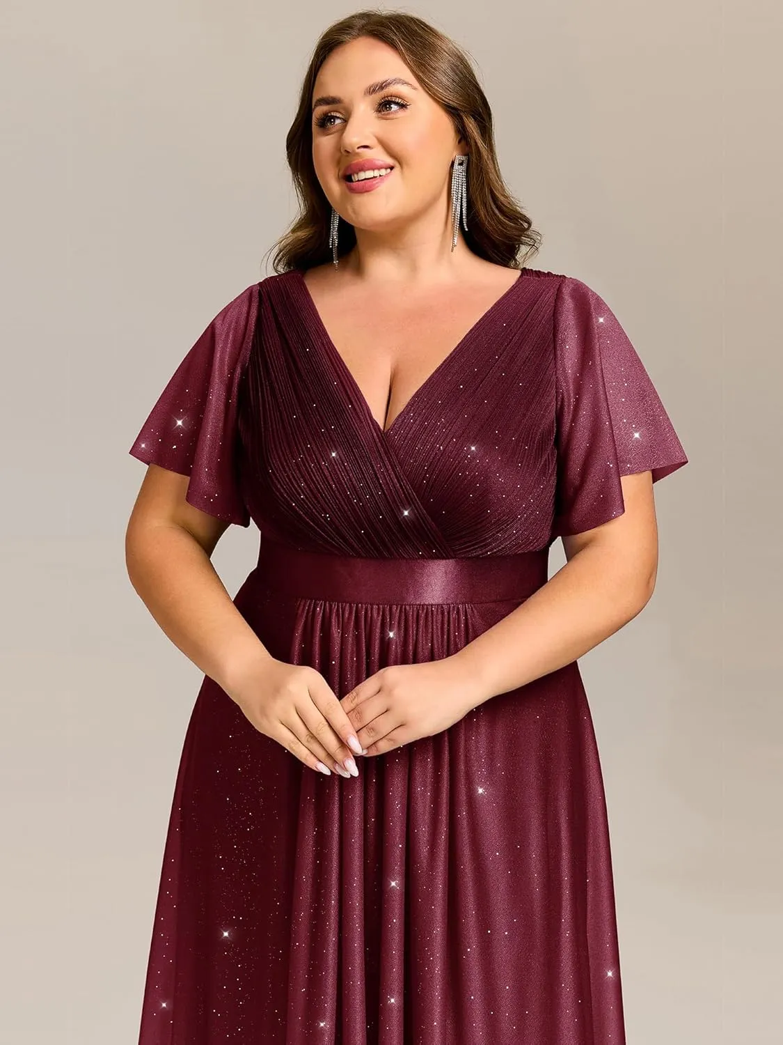 Ever-Pretty Plus Women's V Neck Pleated A Line Glitter High Low Plus Size Cocktail Wedding Guest Dresses with Sleeves