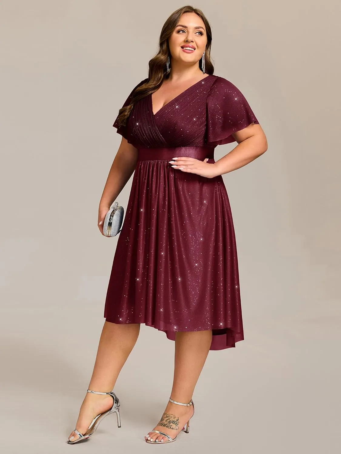 Ever-Pretty Plus Women's V Neck Pleated A Line Glitter High Low Plus Size Cocktail Wedding Guest Dresses with Sleeves