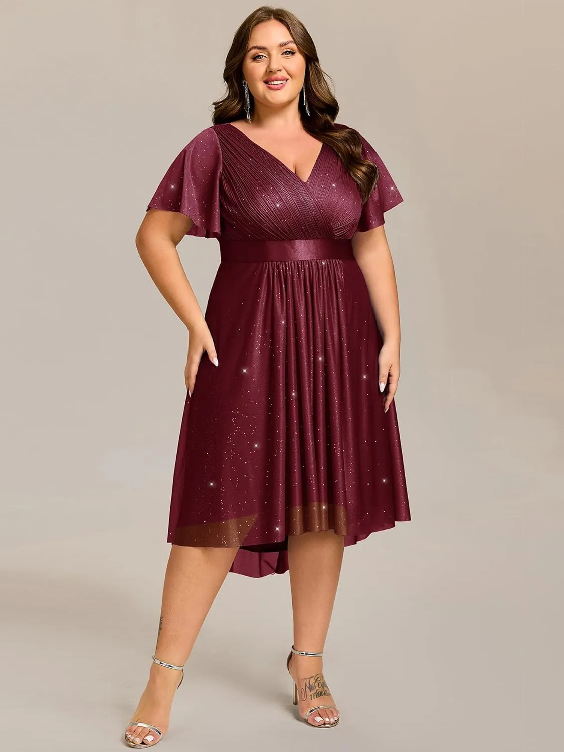 Ever-Pretty Plus Women's V Neck Pleated A Line Glitter High Low Plus Size Cocktail Wedding Guest Dresses with Sleeves
