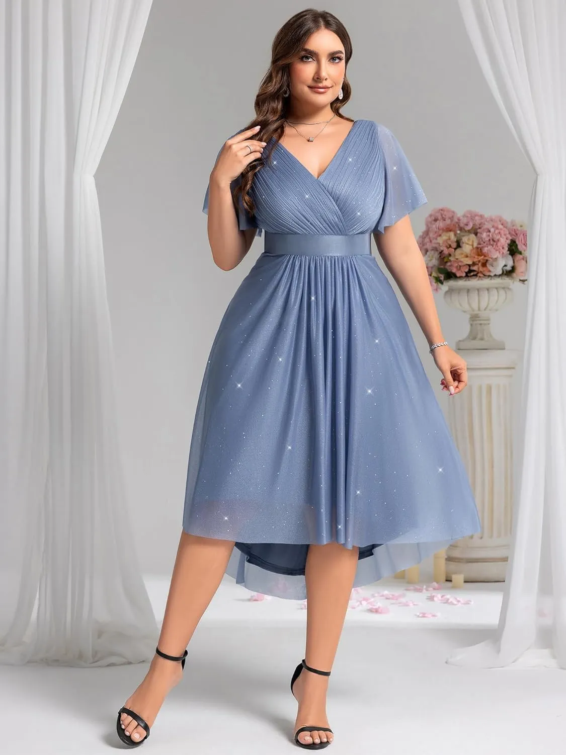Ever-Pretty Plus Women's V Neck Pleated A Line Glitter High Low Plus Size Cocktail Wedding Guest Dresses with Sleeves