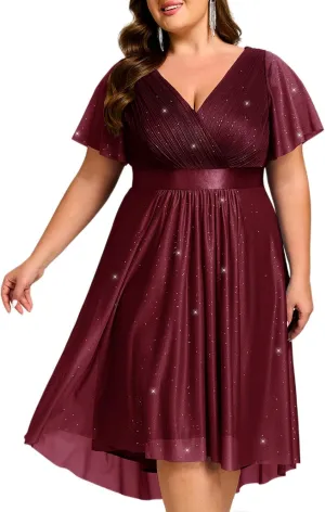 Ever-Pretty Plus Women's V Neck Pleated A Line Glitter High Low Plus Size Cocktail Wedding Guest Dresses with Sleeves