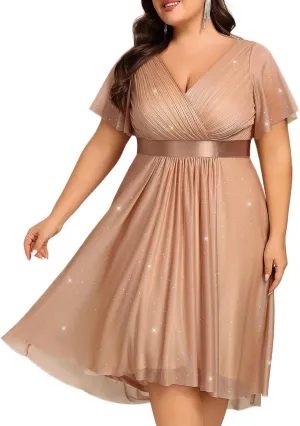 Ever-Pretty Plus Women's V Neck Pleated A Line Glitter High Low Plus Size Cocktail Wedding Guest Dresses with Sleeves