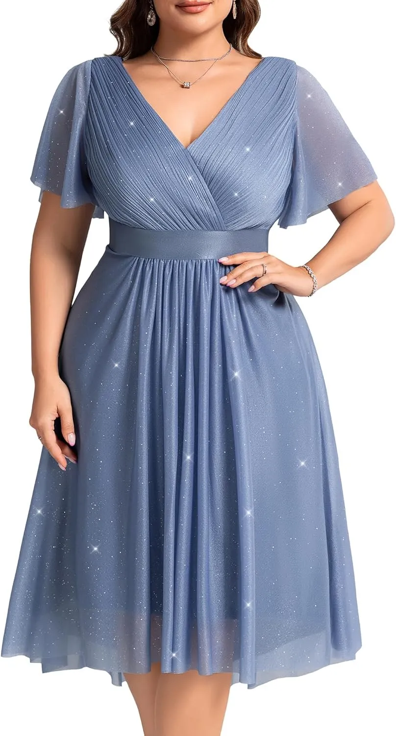 Ever-Pretty Plus Women's V Neck Pleated A Line Glitter High Low Plus Size Cocktail Wedding Guest Dresses with Sleeves