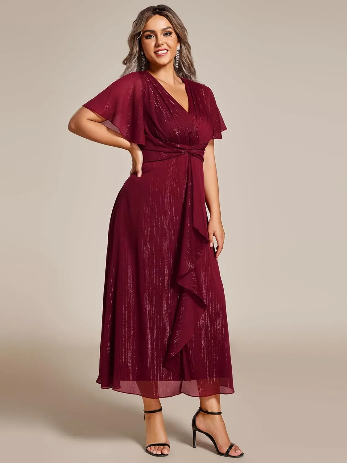 Ever-Pretty Plus Women's V Neck Pleated Plus Size Short Sleeves A Line Midi Semi Formal Dresses 02131-DA