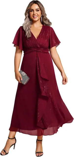 Ever-Pretty Plus Women's V Neck Pleated Plus Size Short Sleeves A Line Midi Semi Formal Dresses 02131-DA