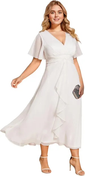 Ever-Pretty Plus Women's V Neck Pleated Plus Size Short Sleeves A Line Midi Semi Formal Dresses 02131-DA