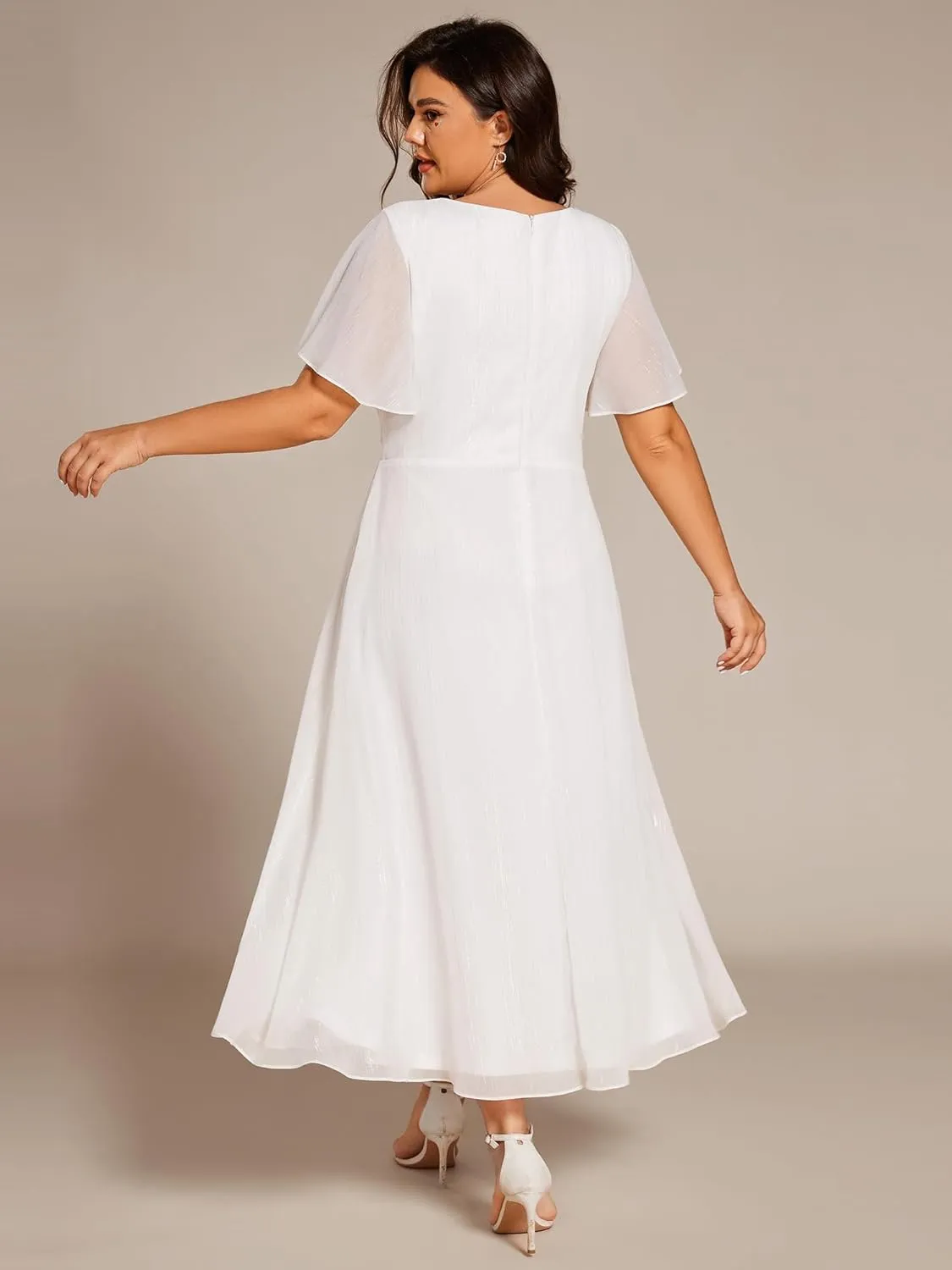 Ever-Pretty Plus Women's V Neck Pleated Plus Size Short Sleeves A Line Midi Semi Formal Dresses 02131-DA