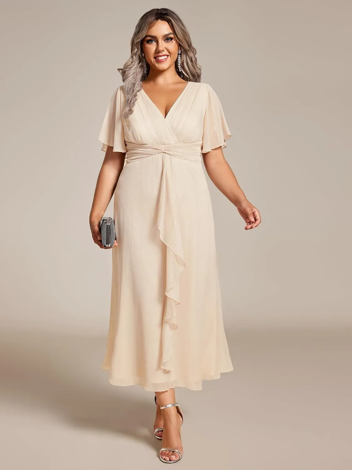 Ever-Pretty Plus Women's V Neck Pleated Plus Size Short Sleeves A Line Midi Semi Formal Dresses 02131-DA