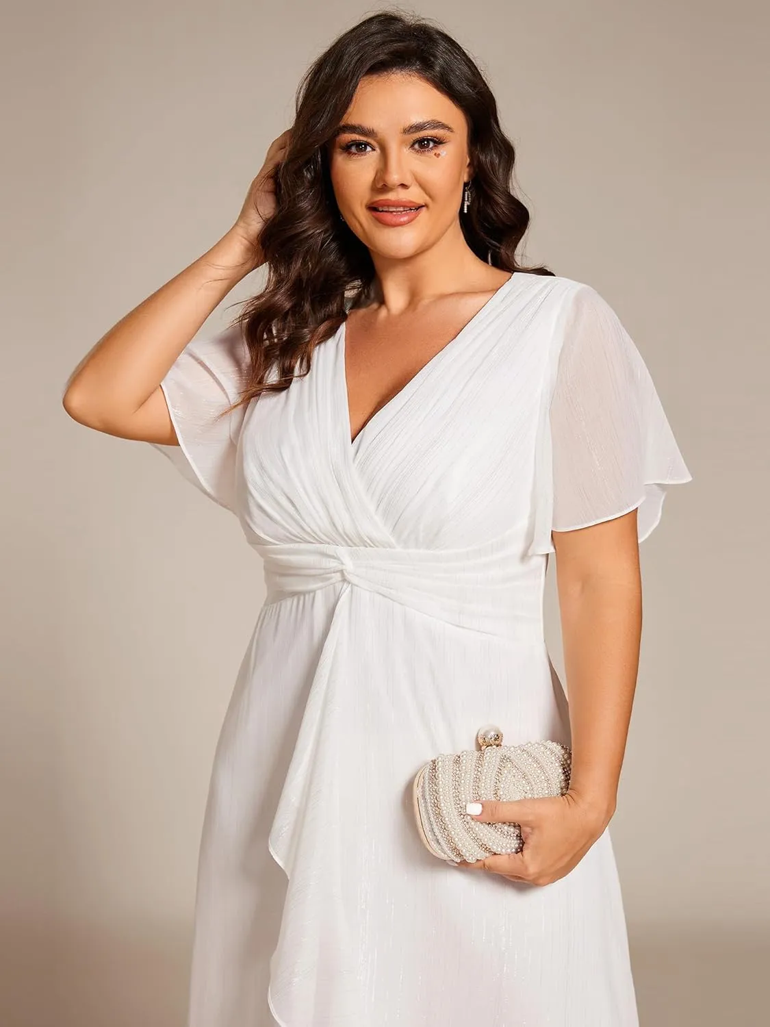 Ever-Pretty Plus Women's V Neck Pleated Plus Size Short Sleeves A Line Midi Semi Formal Dresses 02131-DA