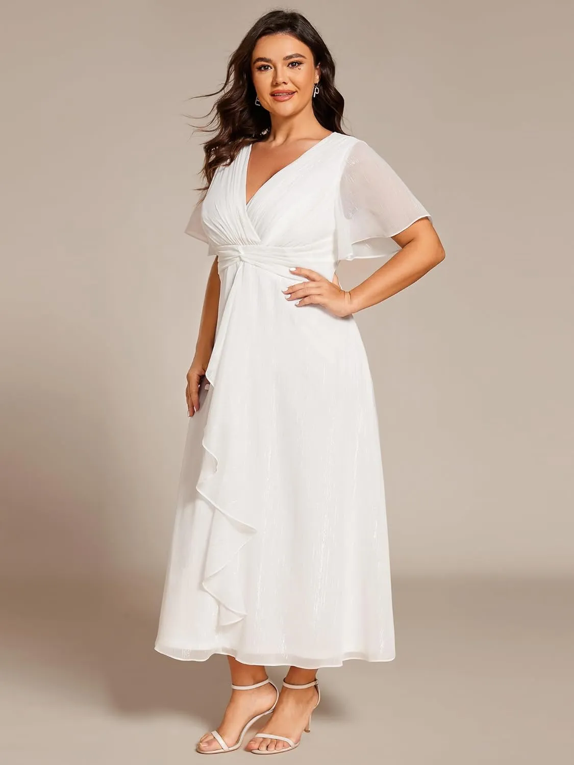 Ever-Pretty Plus Women's V Neck Pleated Plus Size Short Sleeves A Line Midi Semi Formal Dresses 02131-DA