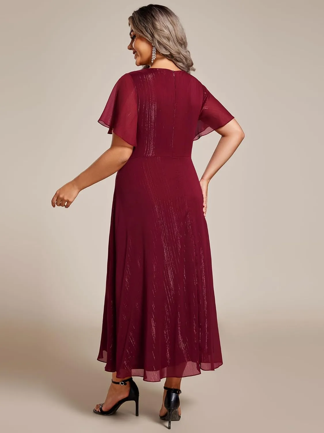 Ever-Pretty Plus Women's V Neck Pleated Plus Size Short Sleeves A Line Midi Semi Formal Dresses 02131-DA