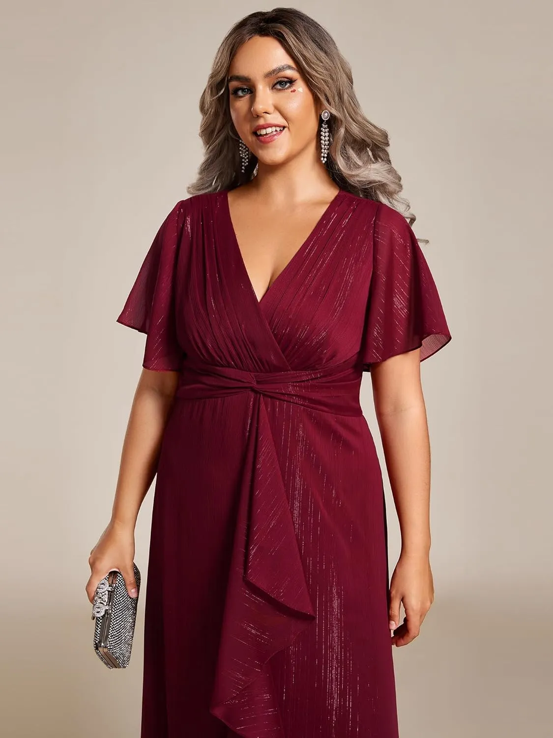 Ever-Pretty Plus Women's V Neck Pleated Plus Size Short Sleeves A Line Midi Semi Formal Dresses 02131-DA
