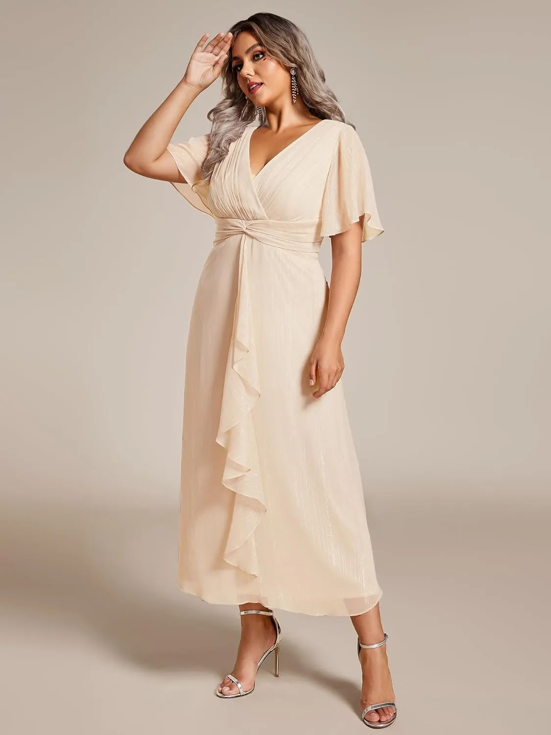 Ever-Pretty Plus Women's V Neck Pleated Plus Size Short Sleeves A Line Midi Semi Formal Dresses 02131-DA