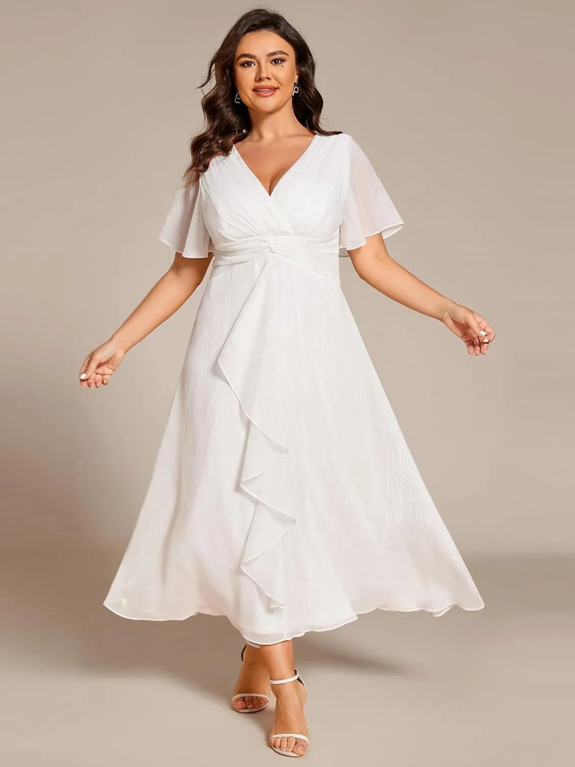 Ever-Pretty Plus Women's V Neck Pleated Plus Size Short Sleeves A Line Midi Semi Formal Dresses 02131-DA