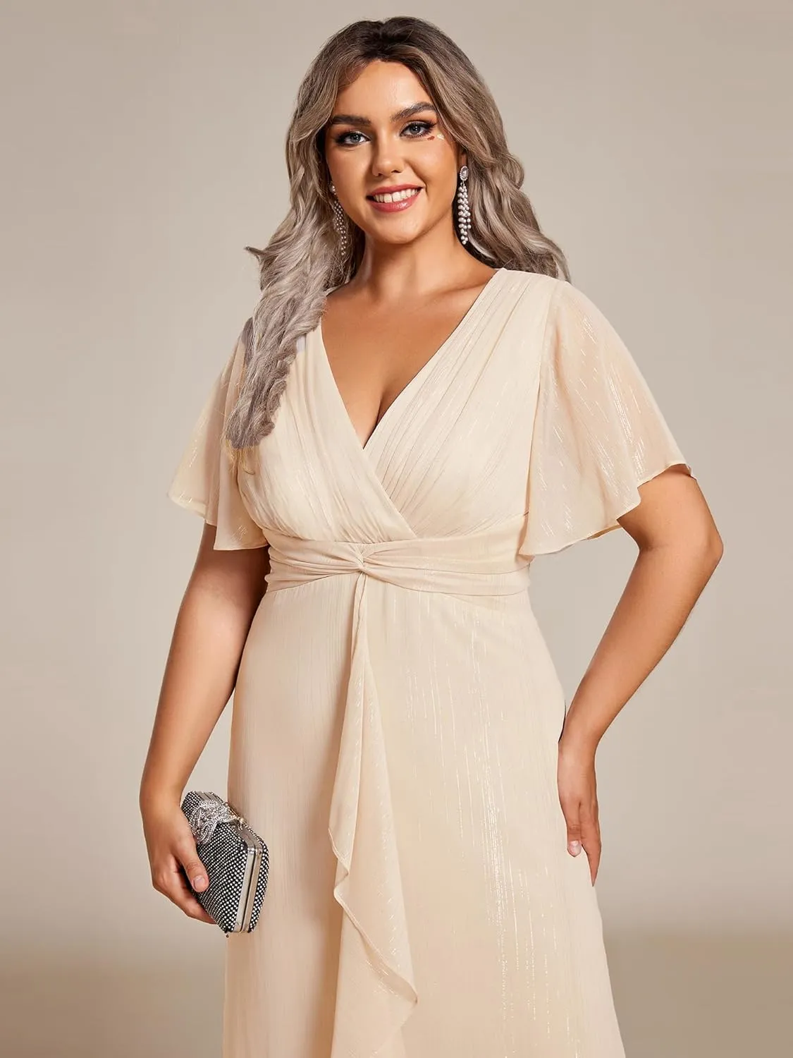 Ever-Pretty Plus Women's V Neck Pleated Plus Size Short Sleeves A Line Midi Semi Formal Dresses 02131-DA