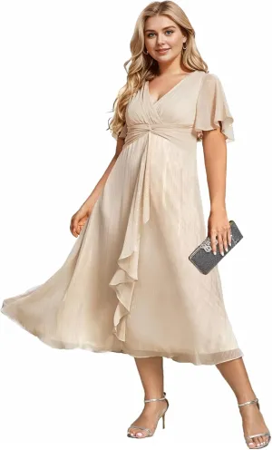 Ever-Pretty Plus Women's V Neck Pleated Plus Size Short Sleeves A Line Midi Semi Formal Dresses 02131-DA