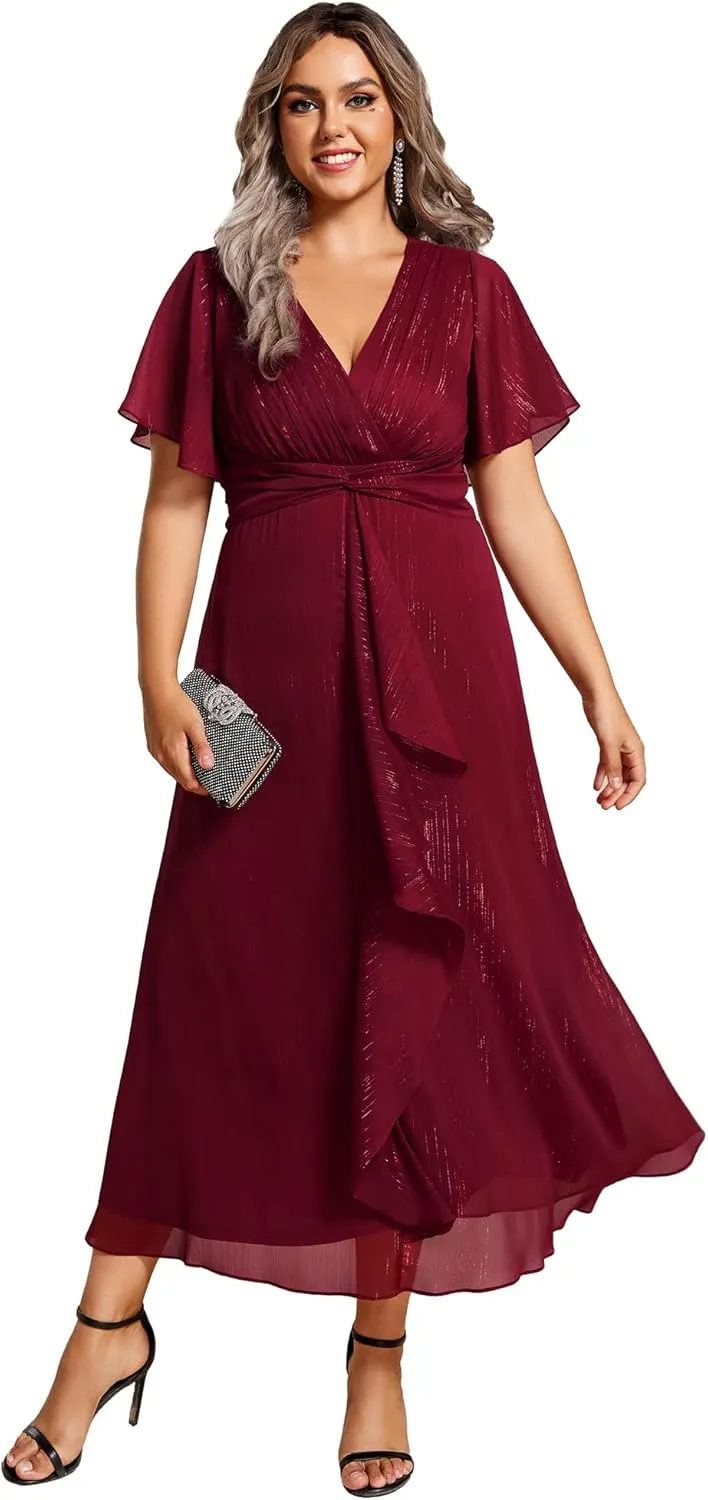 Ever-Pretty Plus Women's V Neck Pleated Plus Size Short Sleeves A Line Midi Semi Formal Dresses 02131-DA