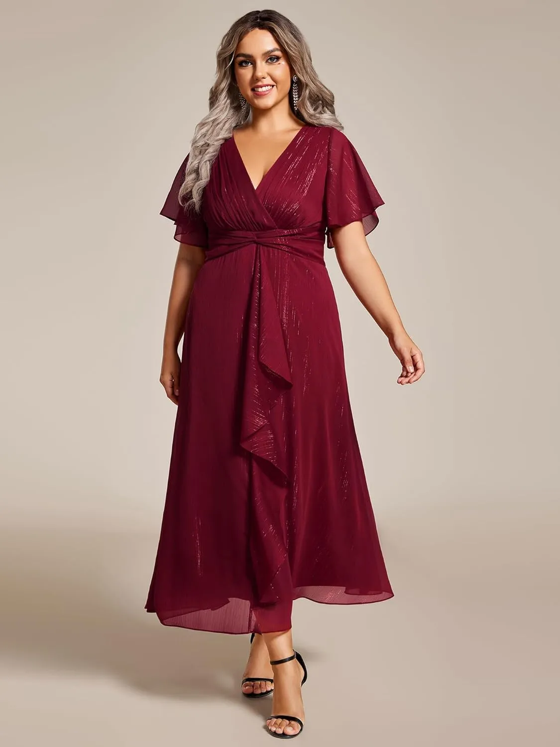 Ever-Pretty Plus Women's V Neck Pleated Plus Size Short Sleeves A Line Midi Semi Formal Dresses 02131-DA