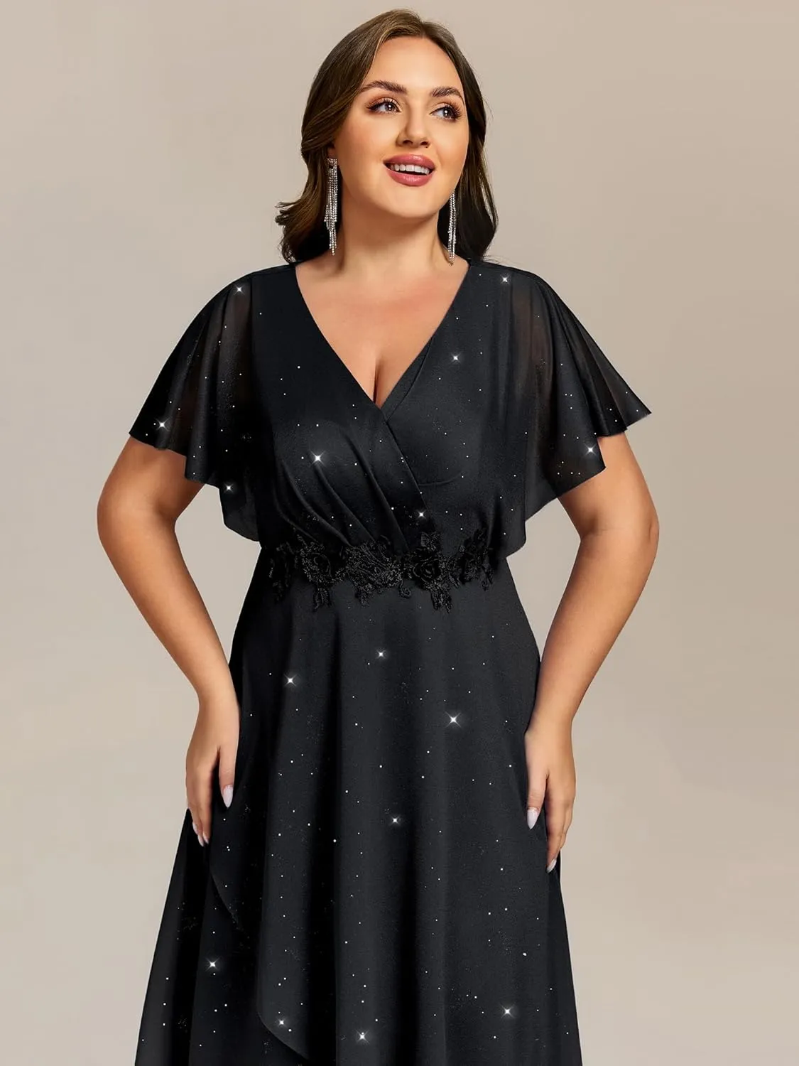 Ever-Pretty Plus Women's V Neck Short Sleeves Pleated Applique High Low Glitter Midi Plus Size Wedding Guest Dresses