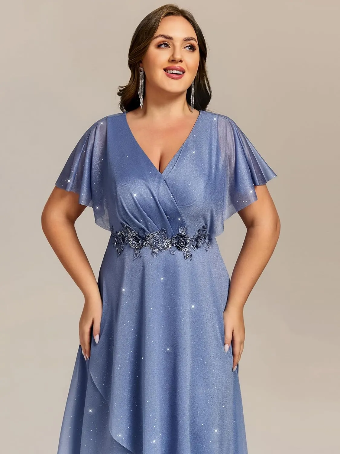 Ever-Pretty Plus Women's V Neck Short Sleeves Pleated Applique High Low Glitter Midi Plus Size Wedding Guest Dresses