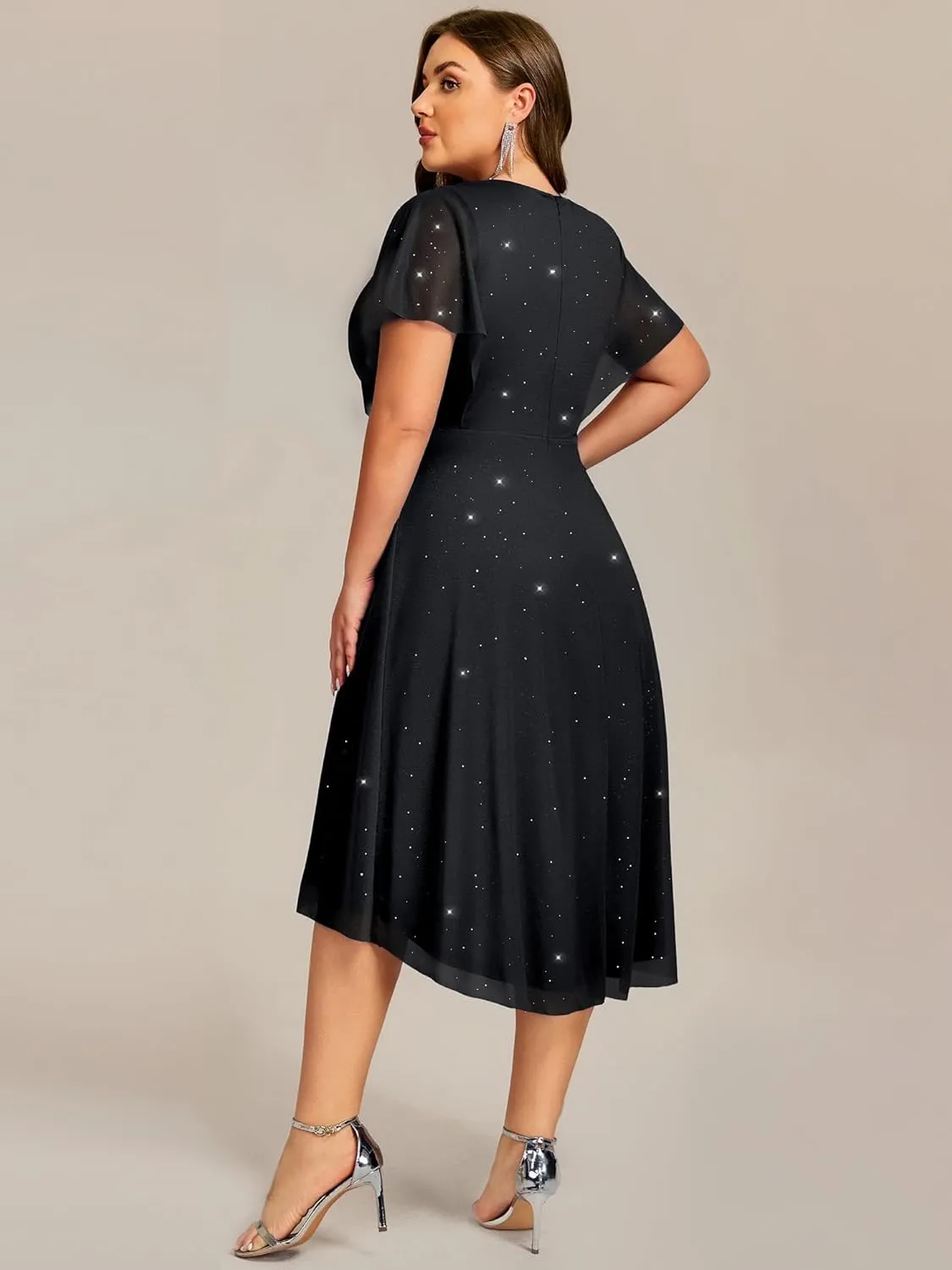 Ever-Pretty Plus Women's V Neck Short Sleeves Pleated Applique High Low Glitter Midi Plus Size Wedding Guest Dresses