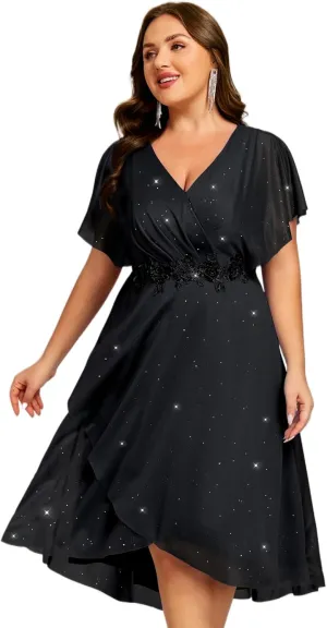 Ever-Pretty Plus Women's V Neck Short Sleeves Pleated Applique High Low Glitter Midi Plus Size Wedding Guest Dresses