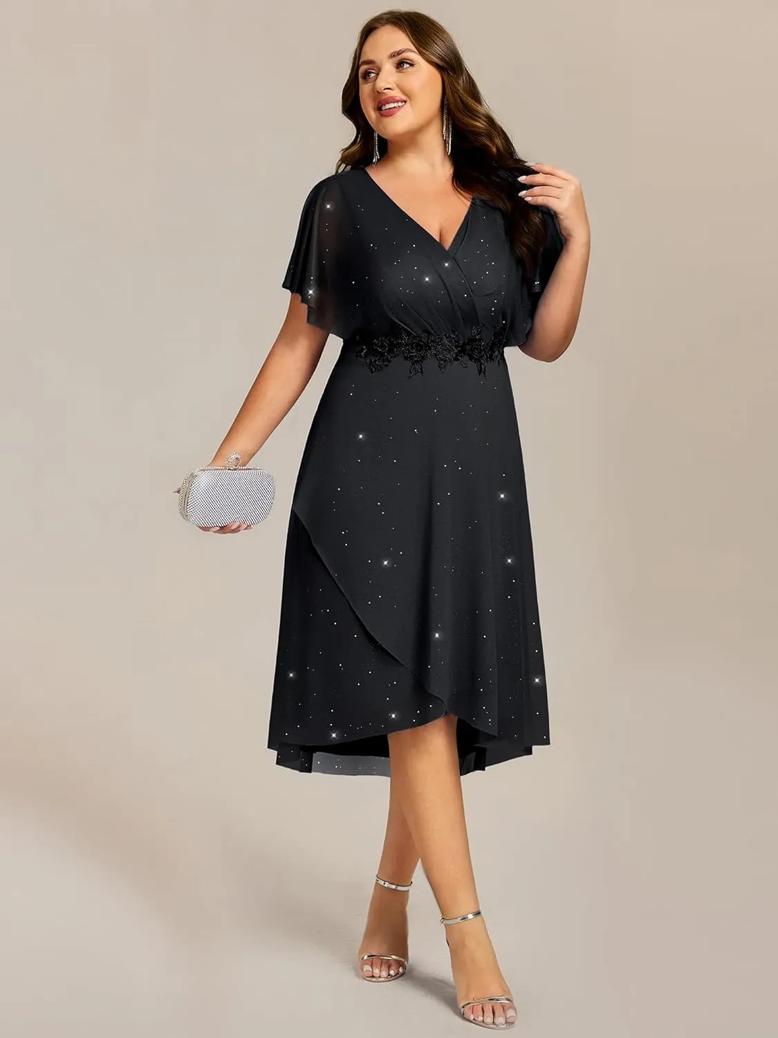Ever-Pretty Plus Women's V Neck Short Sleeves Pleated Applique High Low Glitter Midi Plus Size Wedding Guest Dresses