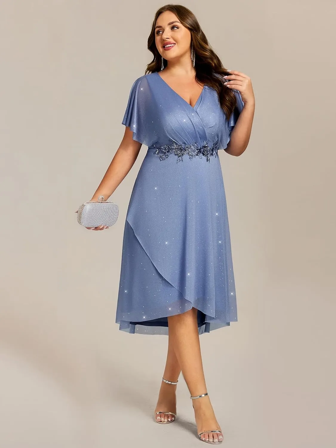 Ever-Pretty Plus Women's V Neck Short Sleeves Pleated Applique High Low Glitter Midi Plus Size Wedding Guest Dresses