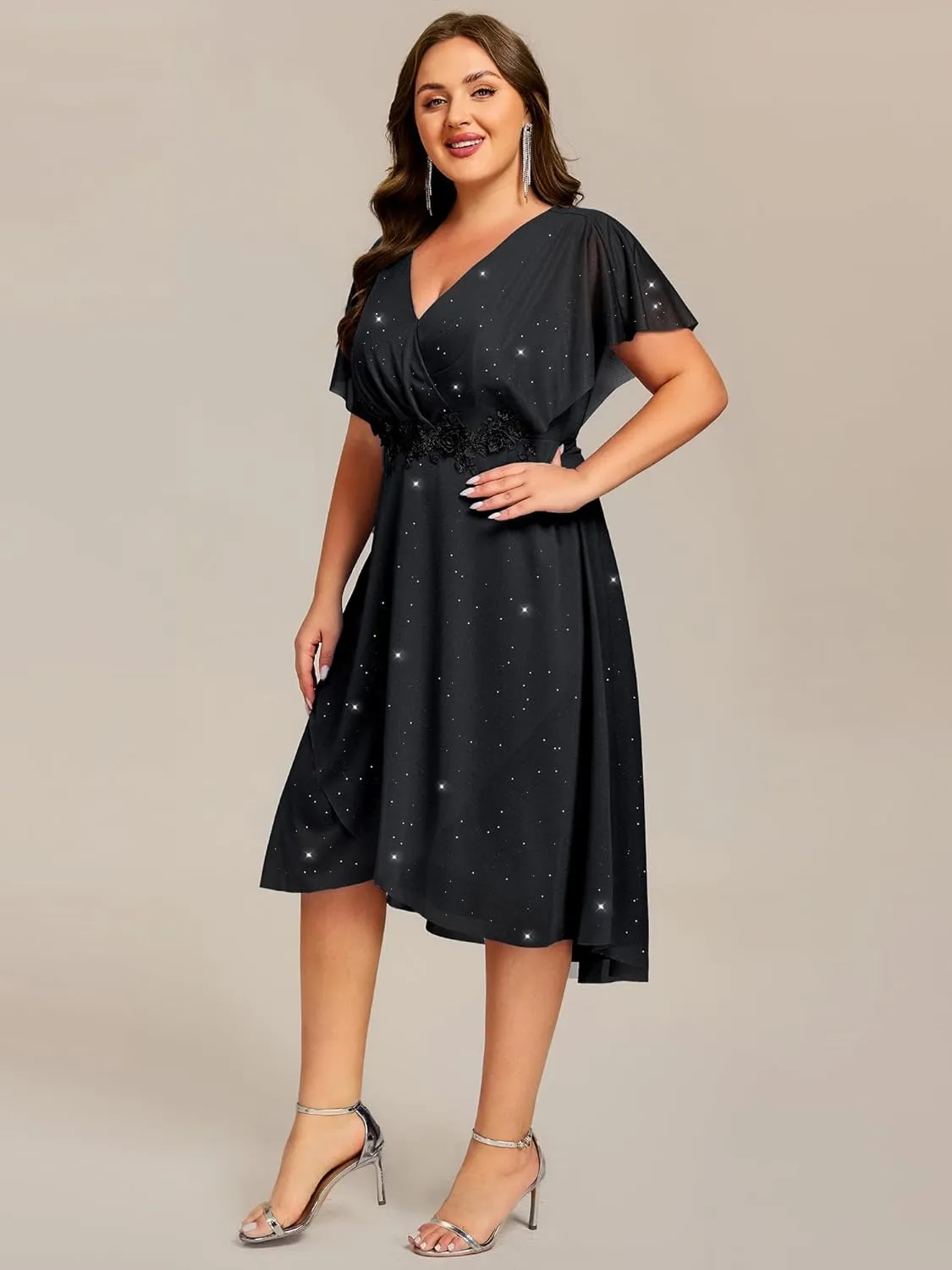 Ever-Pretty Plus Women's V Neck Short Sleeves Pleated Applique High Low Glitter Midi Plus Size Wedding Guest Dresses