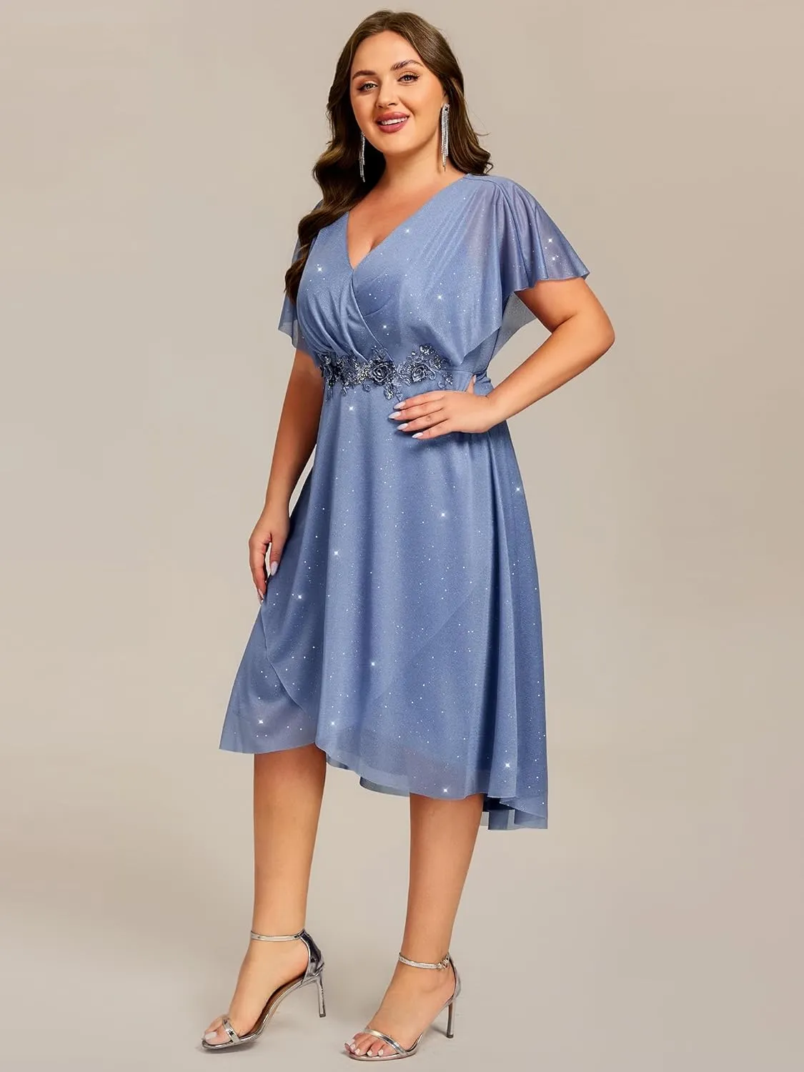 Ever-Pretty Plus Women's V Neck Short Sleeves Pleated Applique High Low Glitter Midi Plus Size Wedding Guest Dresses